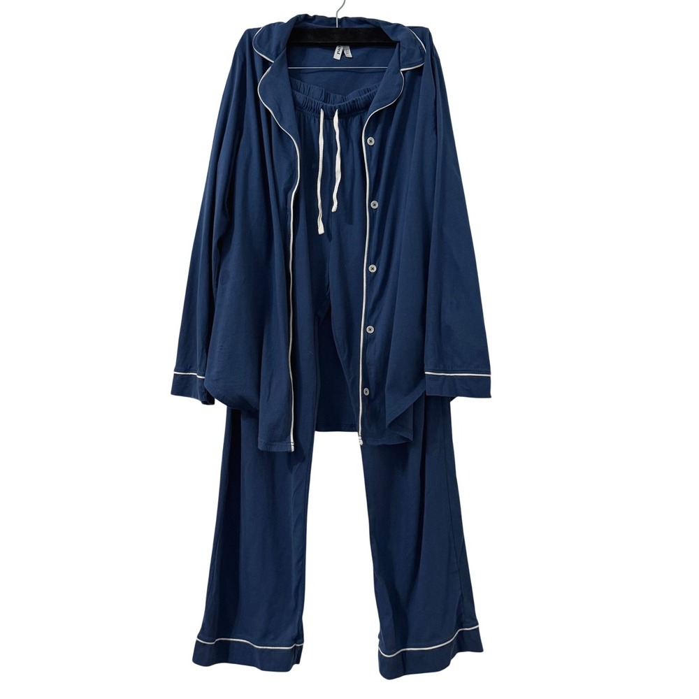 Pact Womens Navy Blue Organic Cotton Pajama Set Button Down Long Sleeve Size M